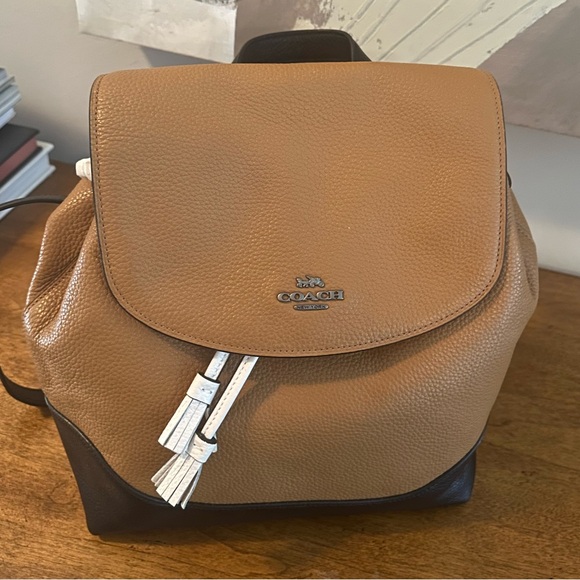 Coach Handbags - Coach Tan and Black Leather Backpack with White Accents